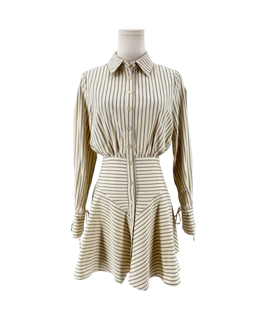 Striped shirt dress, point collar, clean button-front placket closure, distinct smocked and gathered detailing, long sleeves detailed with adjustable drawstring/tie accent at cuffs on a mannequin on a white background