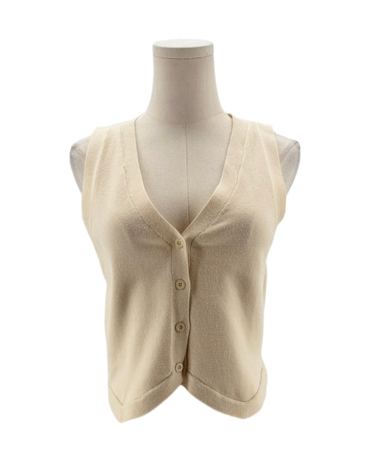 Beige knit vest on a mannequin against a white background