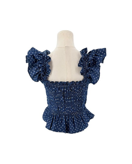 Blue polka dot flutter sleeve top on a white background