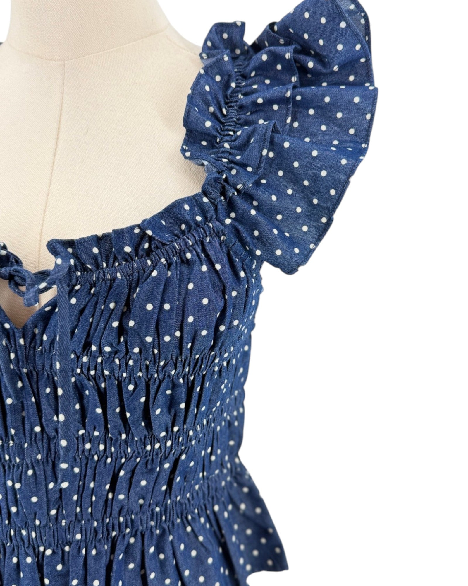 Blue polka dot flutter sleeve top on a white background