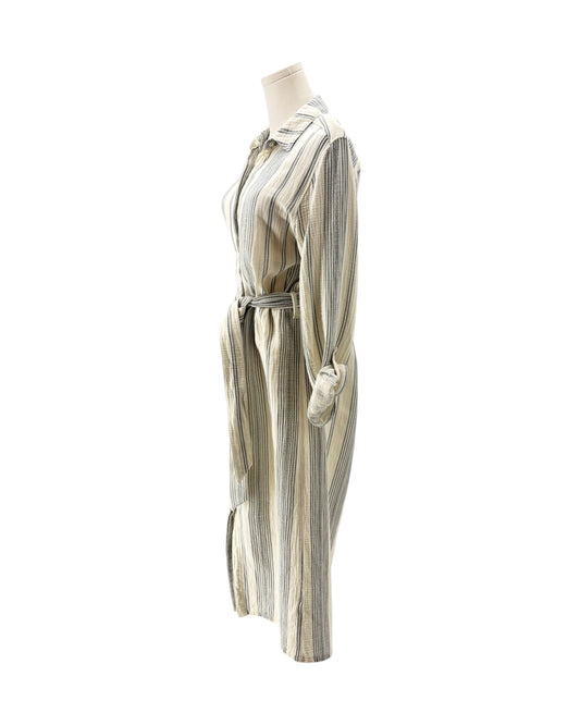 A long-sleeve striped shirt dress displayed on a mannequin torso against a plain white background.