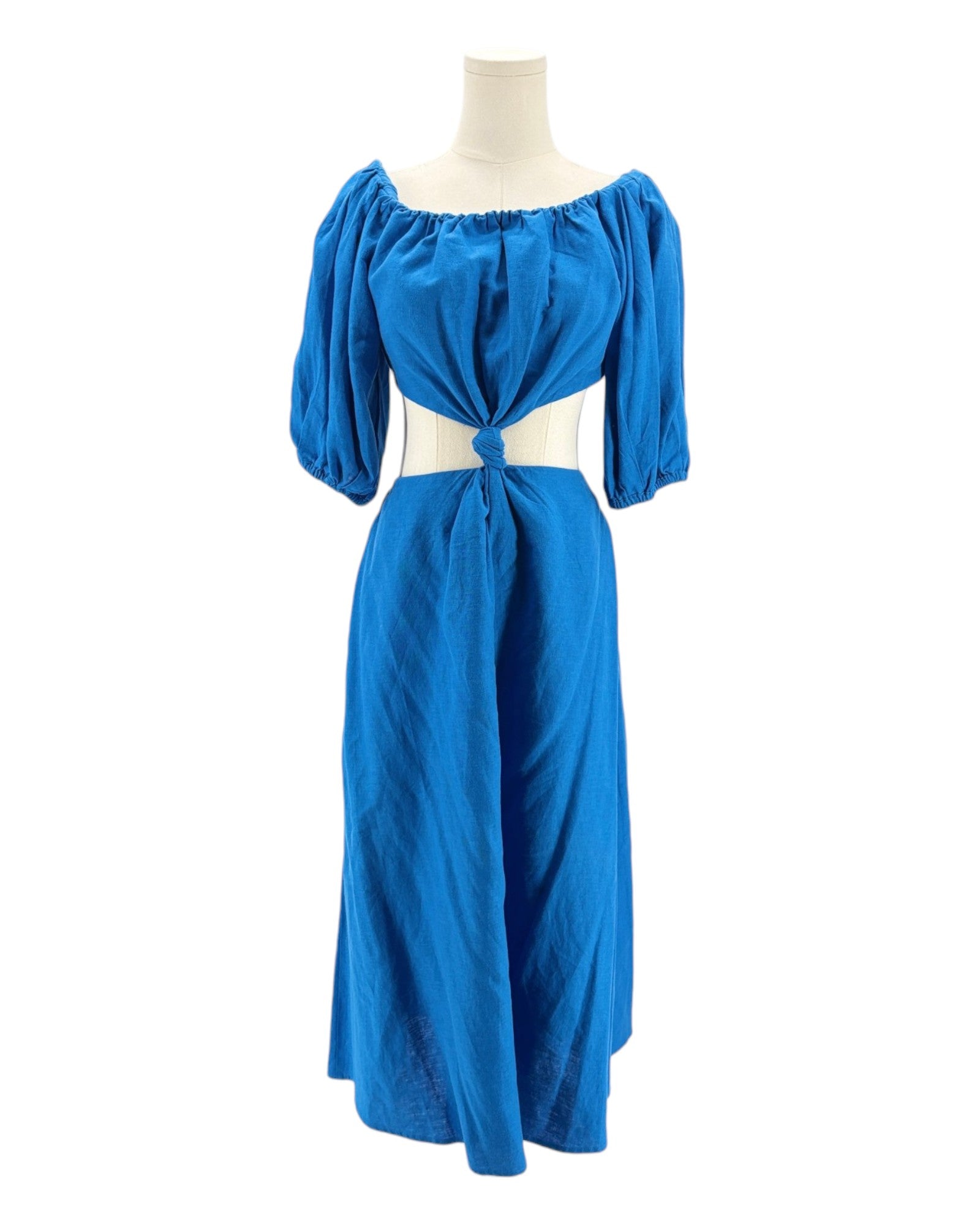 Blue dress on a mannequin against a white background