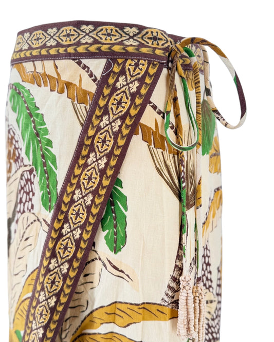 Tropical patterned skirt with drawstring waist on a white background