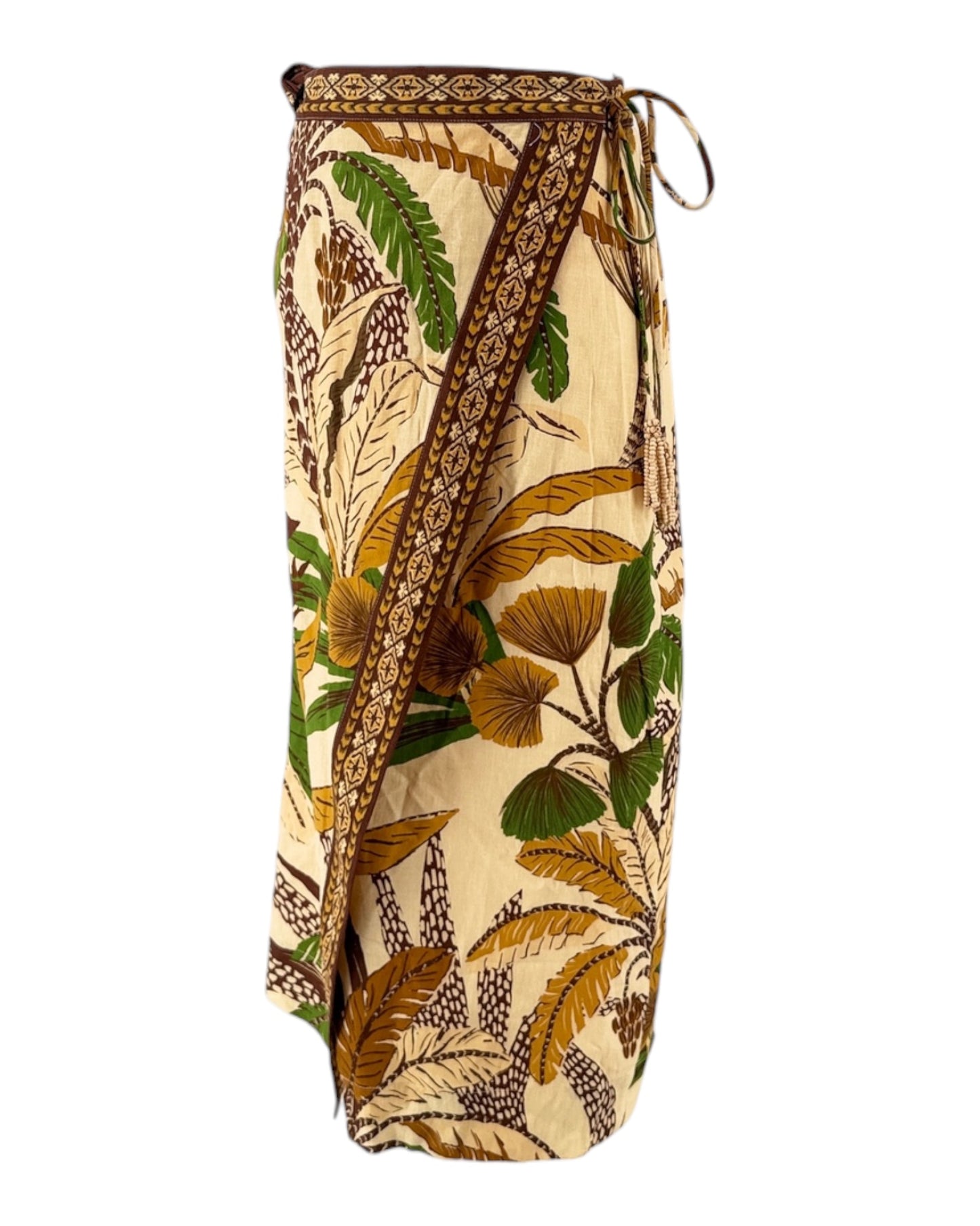 Beige wrap skirt with green and brown leaf pattern on a white background