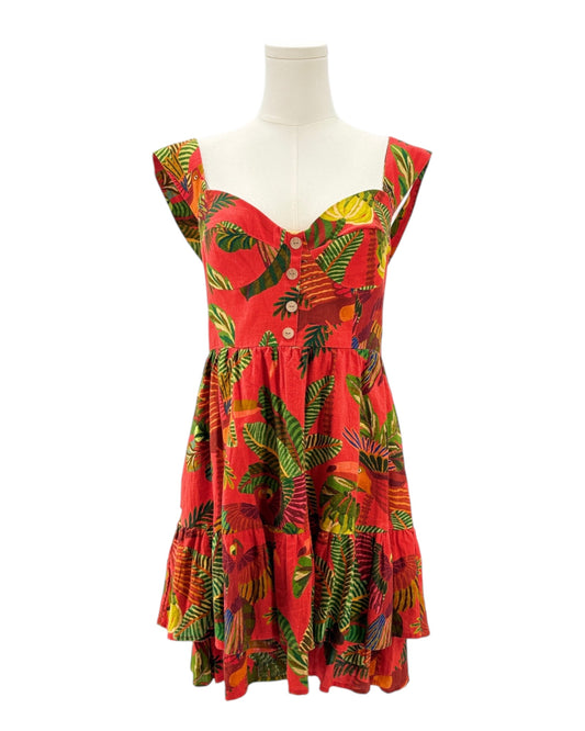 Farm Rio red dress with tropical leaf pattern 