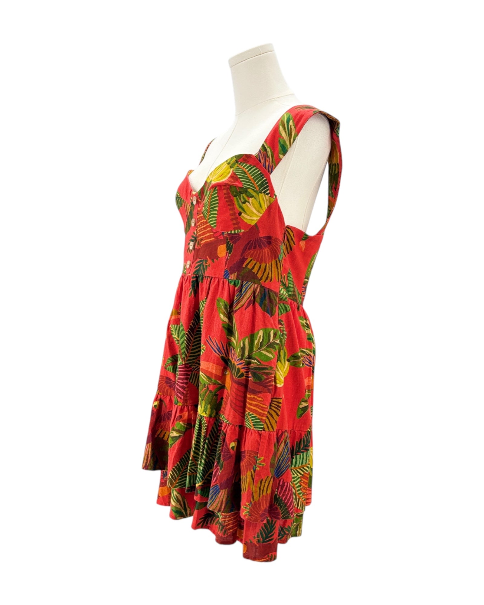 Farm Rio red dress with tropical leaf pattern 