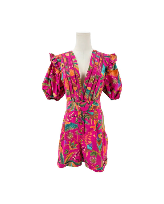 Floral and tropical birds printed deep v neck short puff sleeve romper on a mannequin on a white background