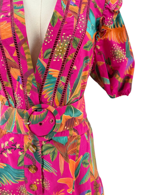Floral and tropical birds printed deep v neck short puff sleeve romper on a mannequin on a white background