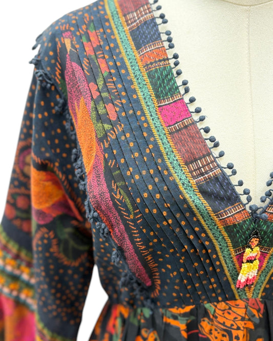 Colorful embroidered garment with intricate patterns on a white background