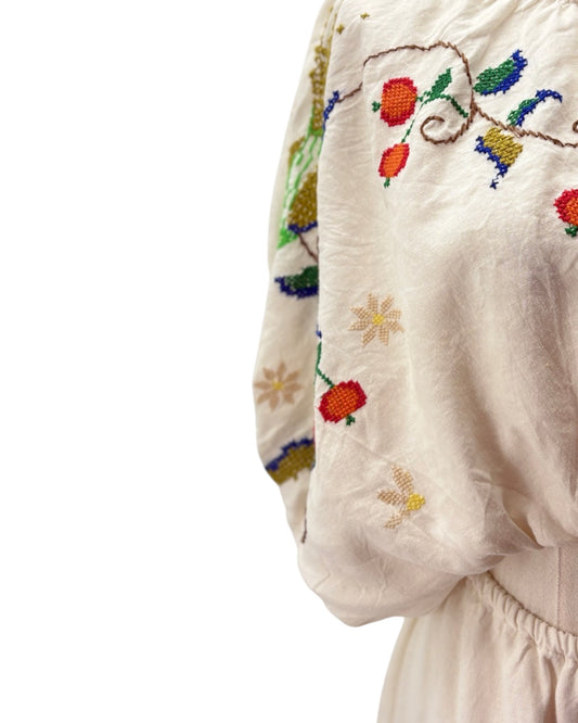 Close-up of a white garment with colorful floral embroidery on a white background