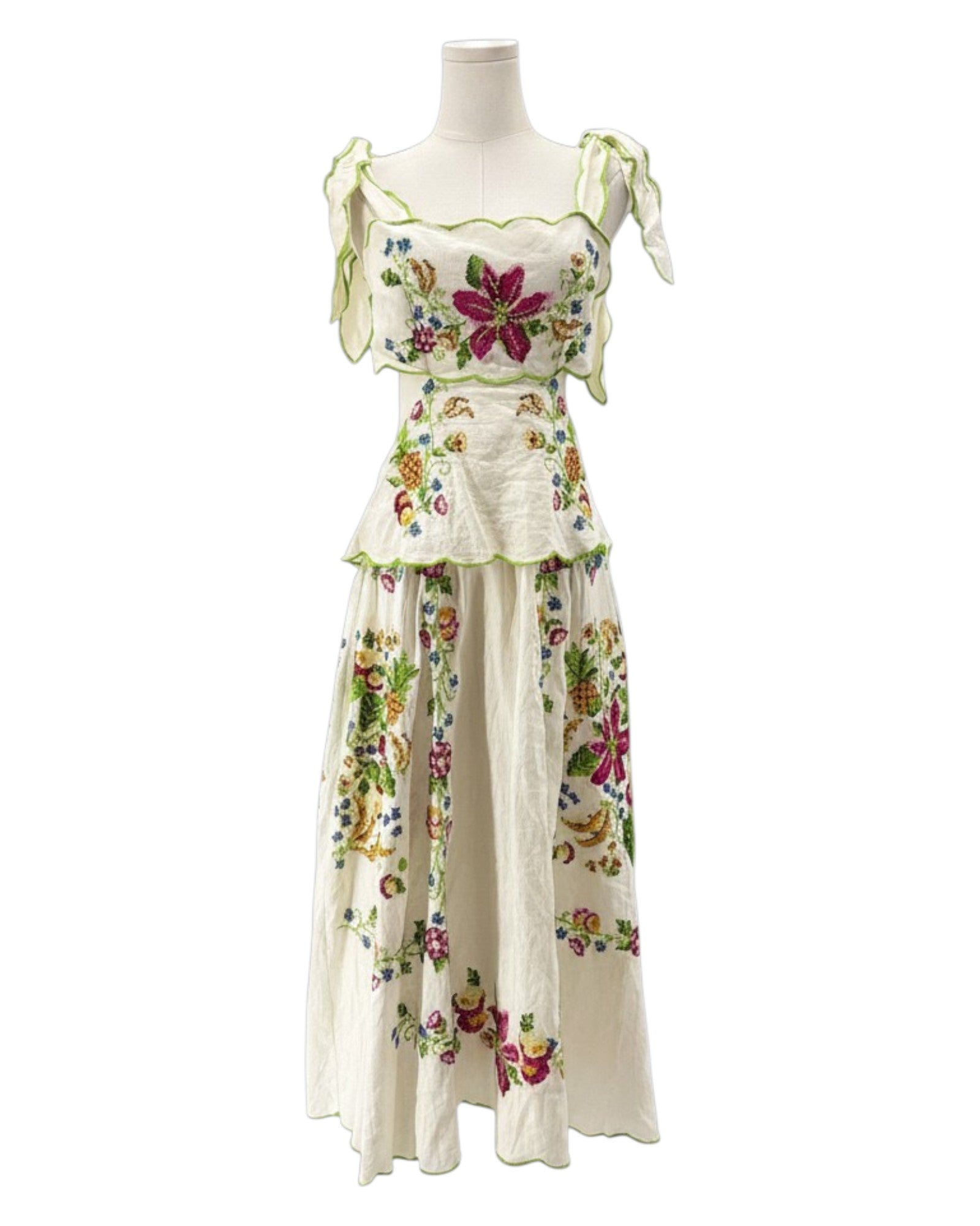 Floral dress on a mannequin against a white background