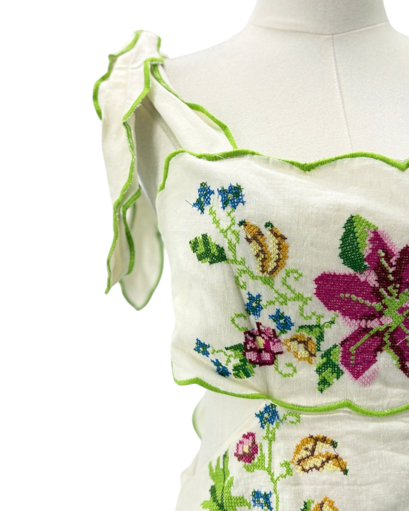 Embroidered garment on a mannequin with floral patterns