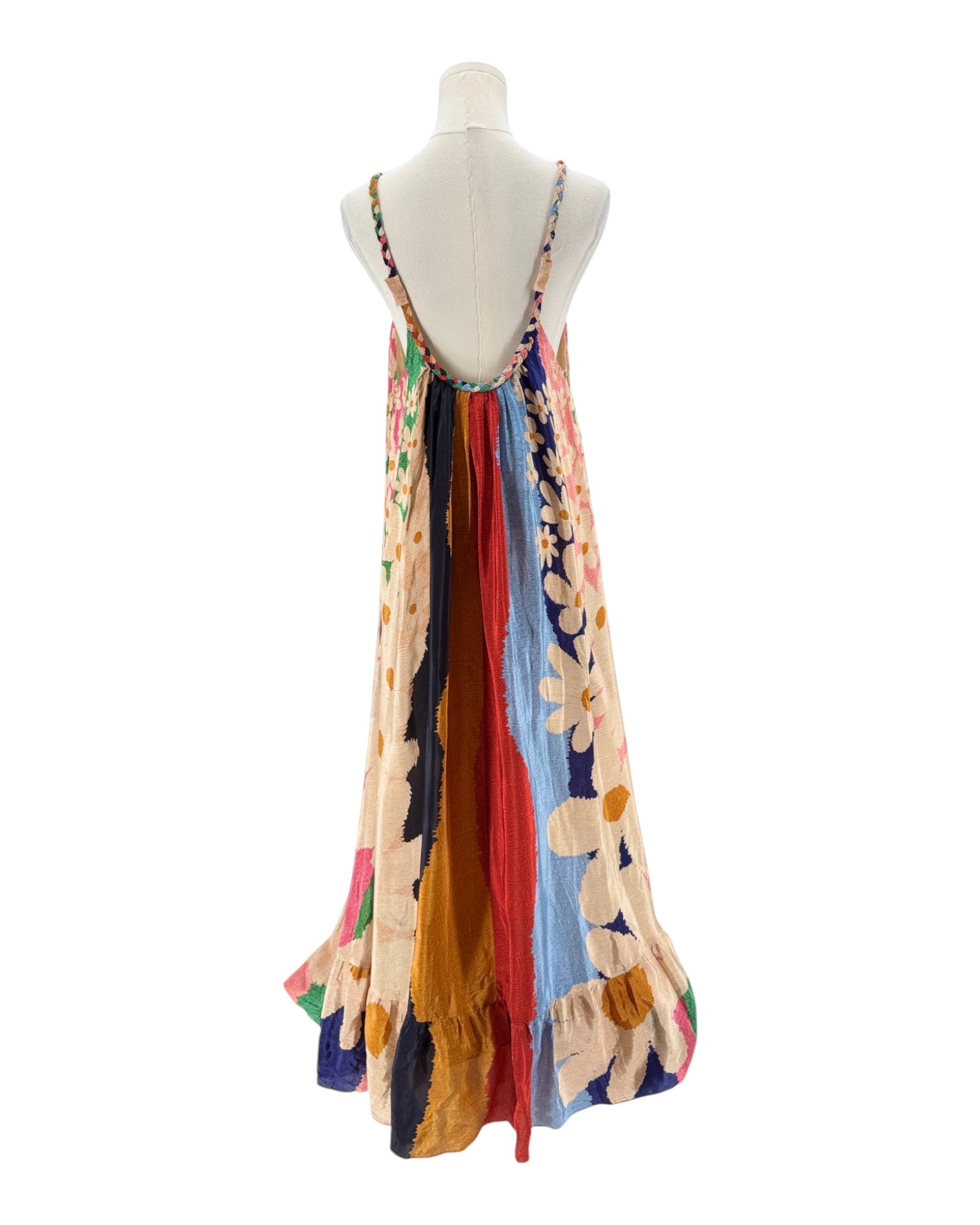 Colorful floral dress on a mannequin against a white background