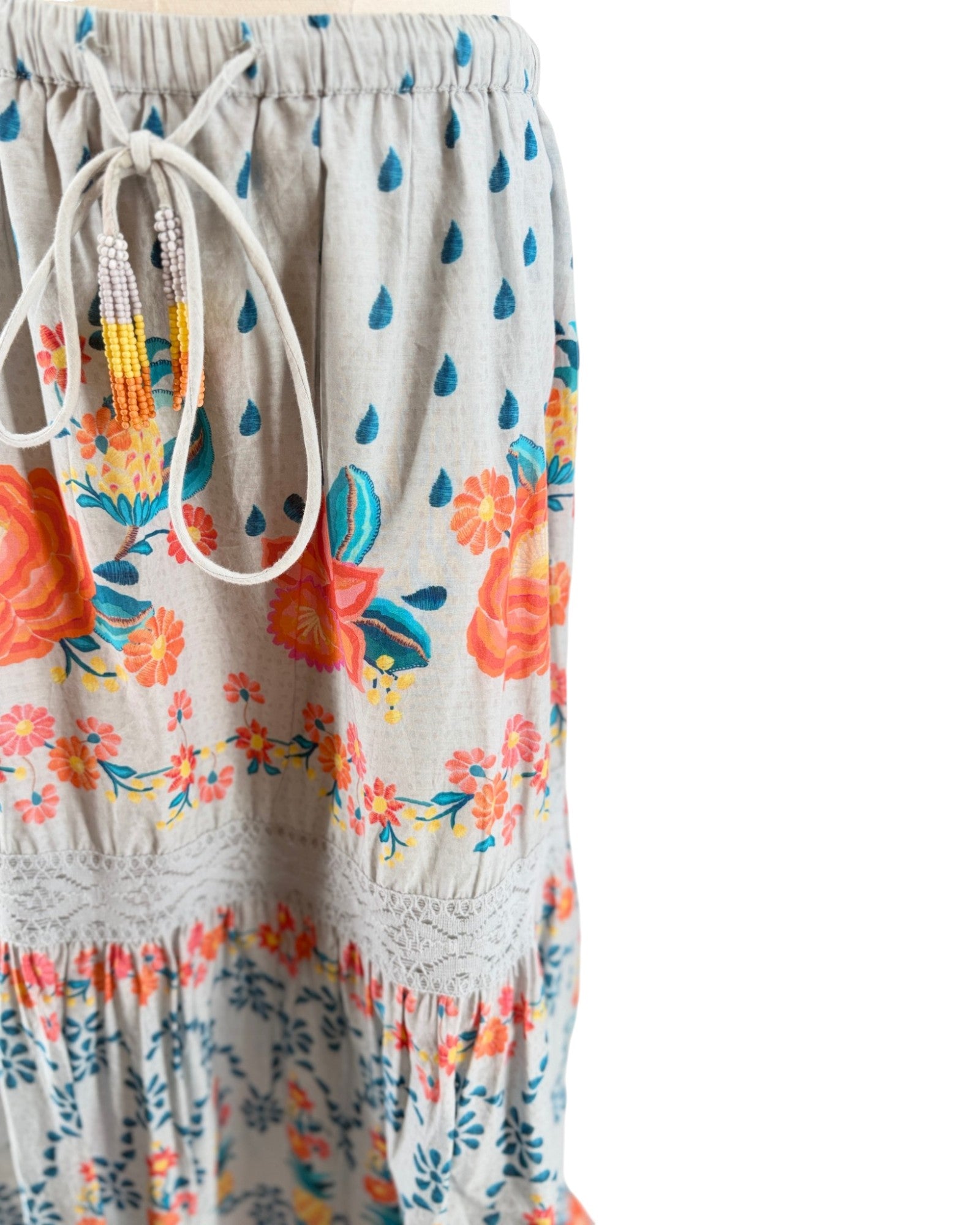 Floral patterned shorts with colorful flowers on a white background