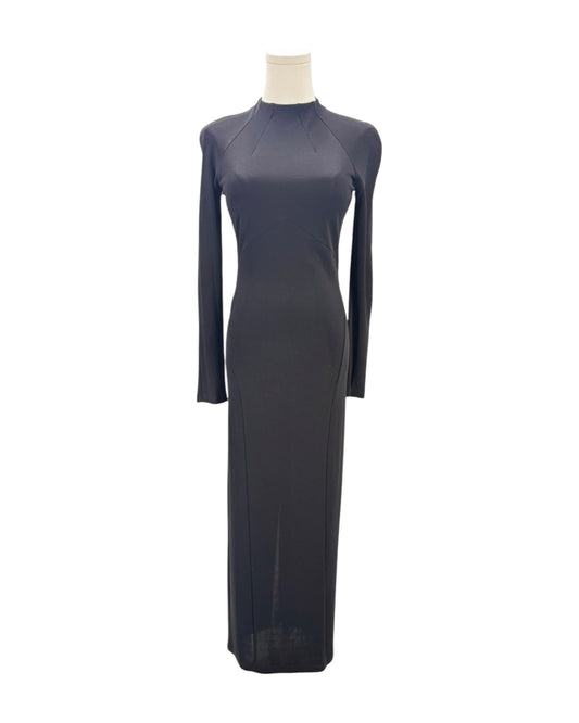 Black long-sleeve dress on a mannequin against a white background