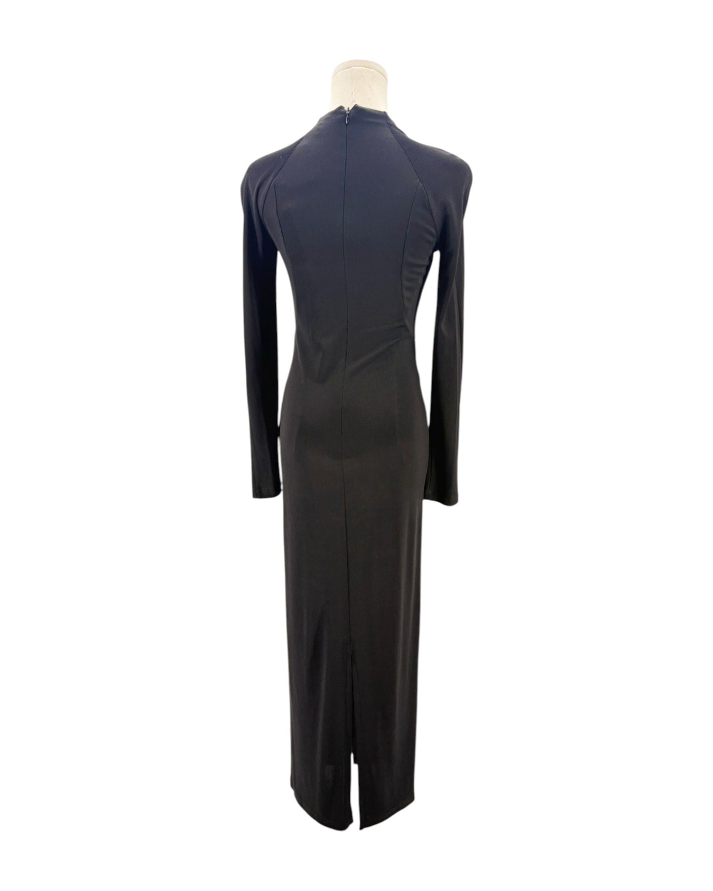 Black dress on a mannequin against a white background