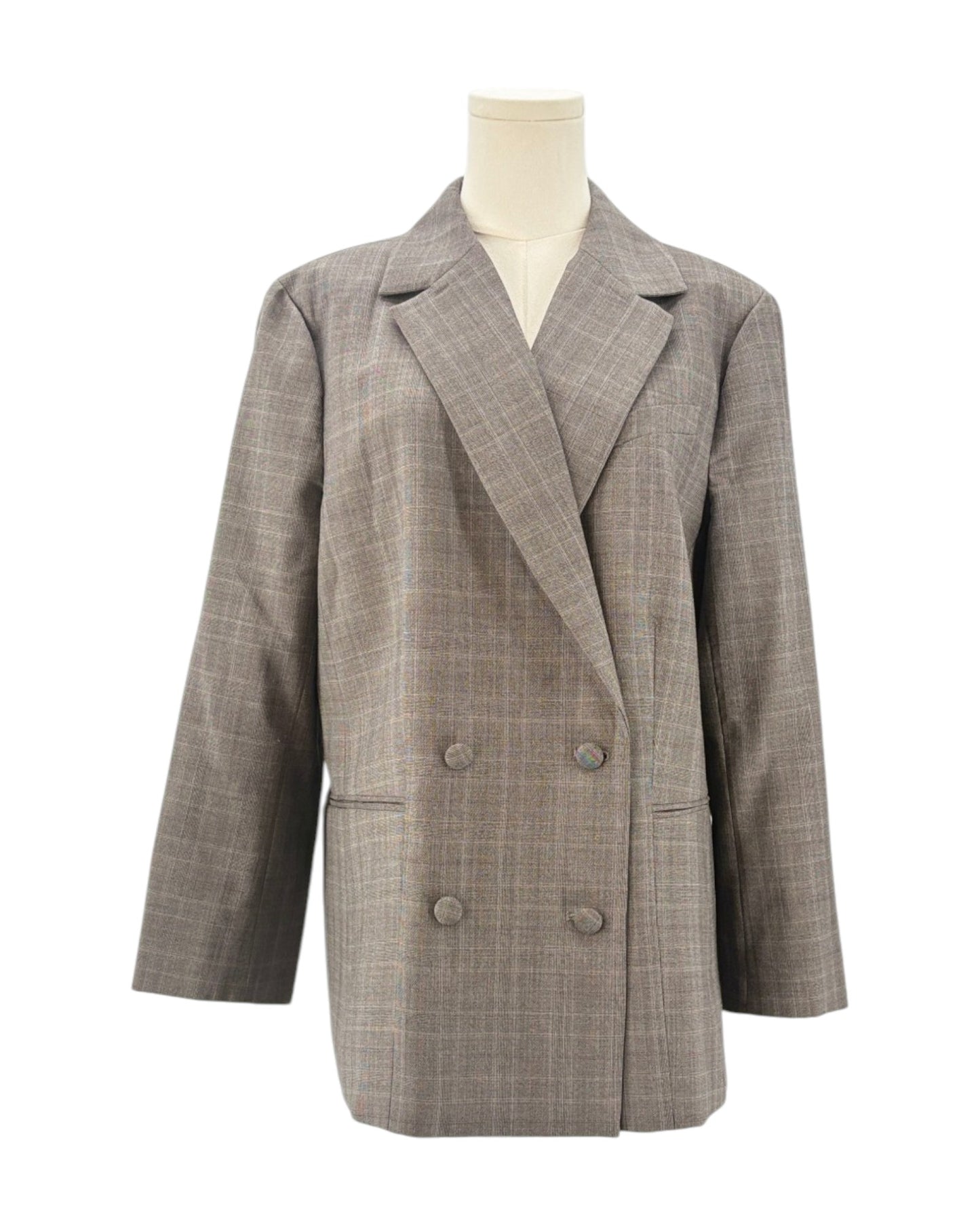 Frame gray checkered blazer on a mannequin against a white background