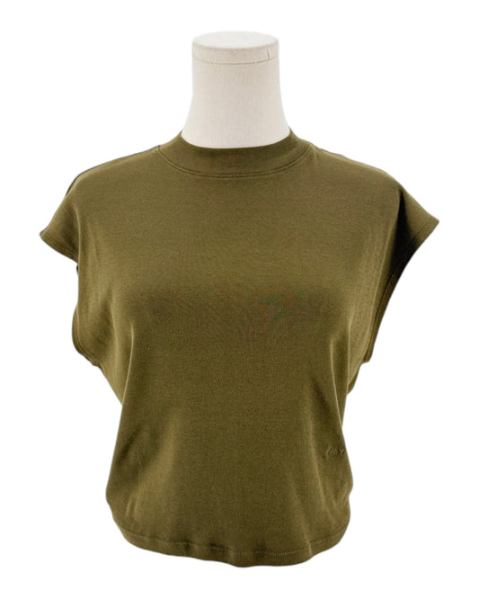 Army green cap sleeve t shirt on a mannequin on a white background