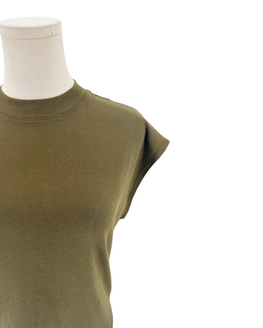 Army green cap sleeve t shirt on a mannequin on a white background