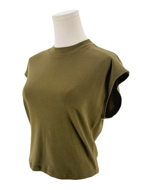 Army green cap sleeve t shirt on a mannequin on a white background