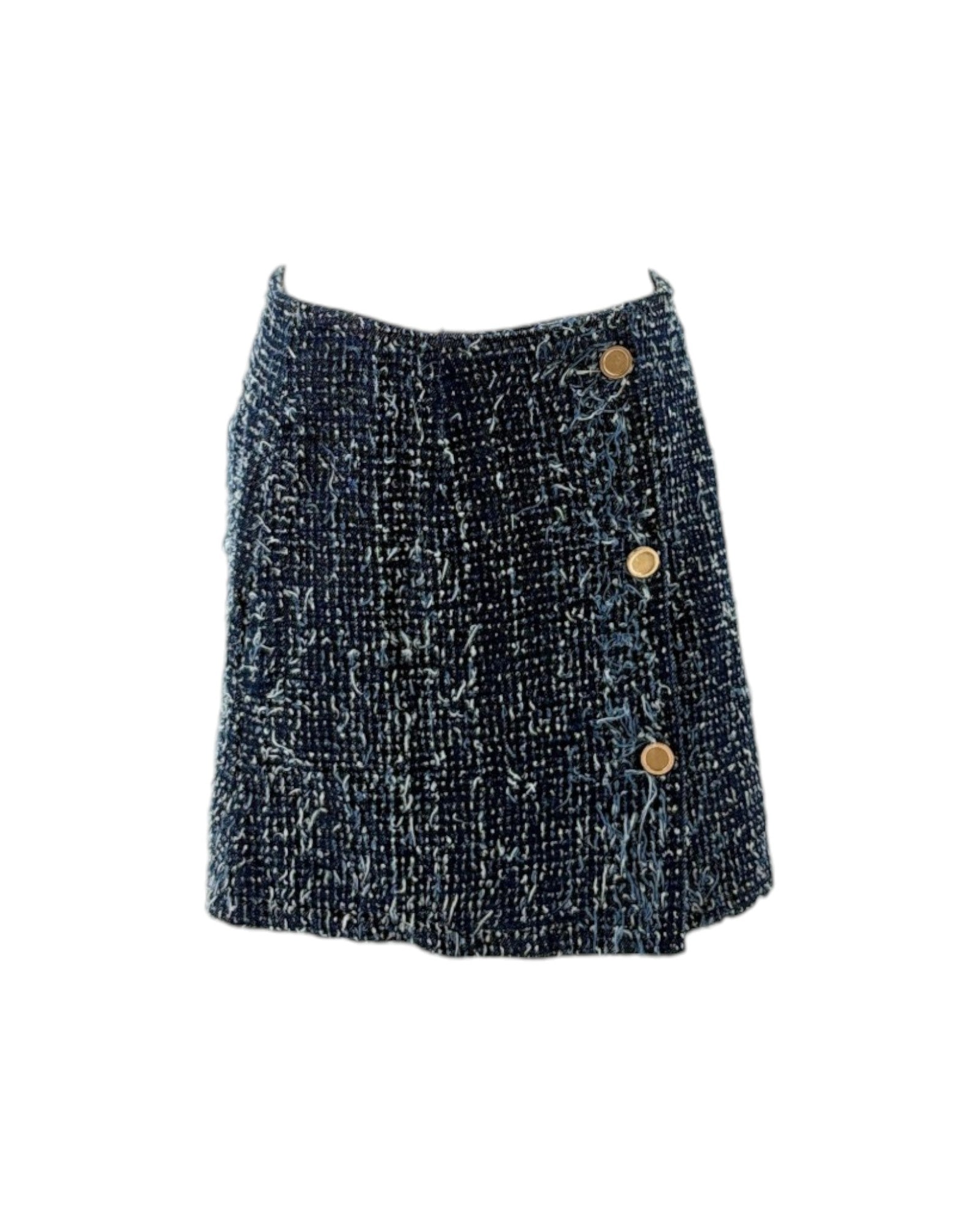 Navy tweed skirt with button details on a white background