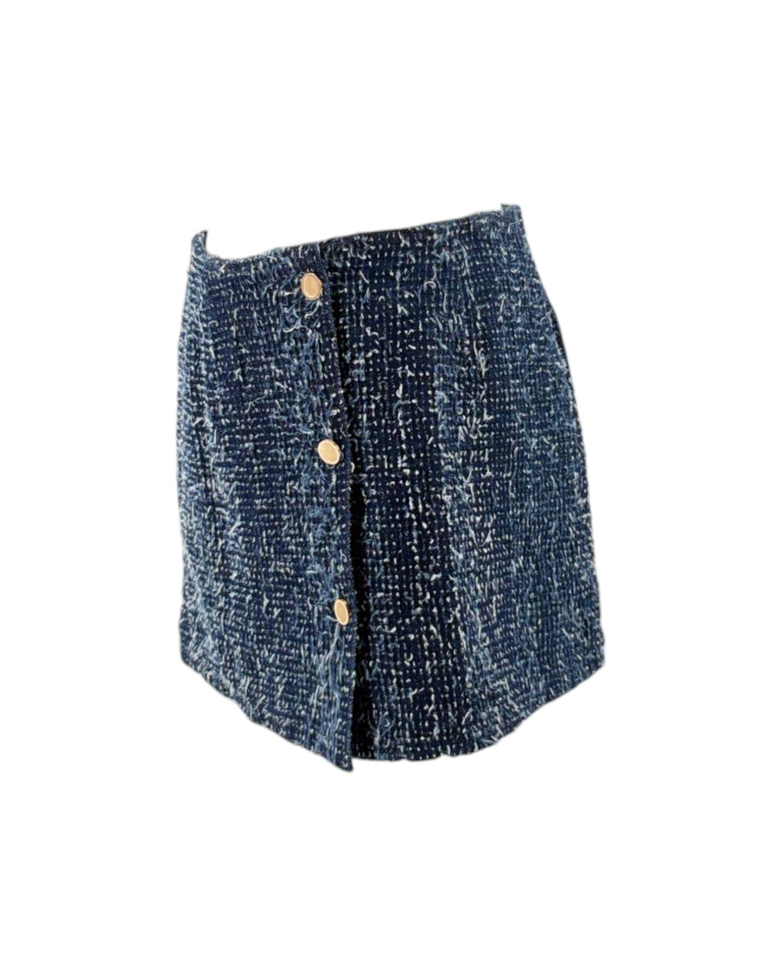 Blue tweed skirt with button details on a white background