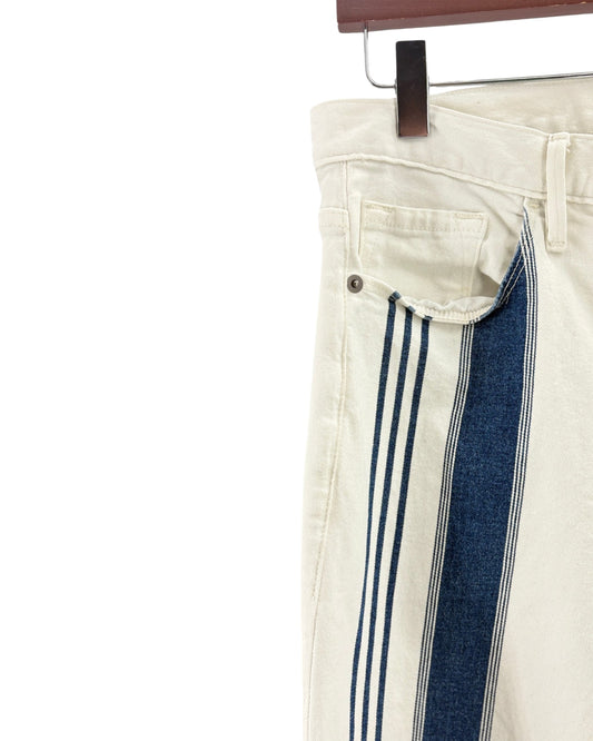 White pants with blue stripes on a hanger against a white background