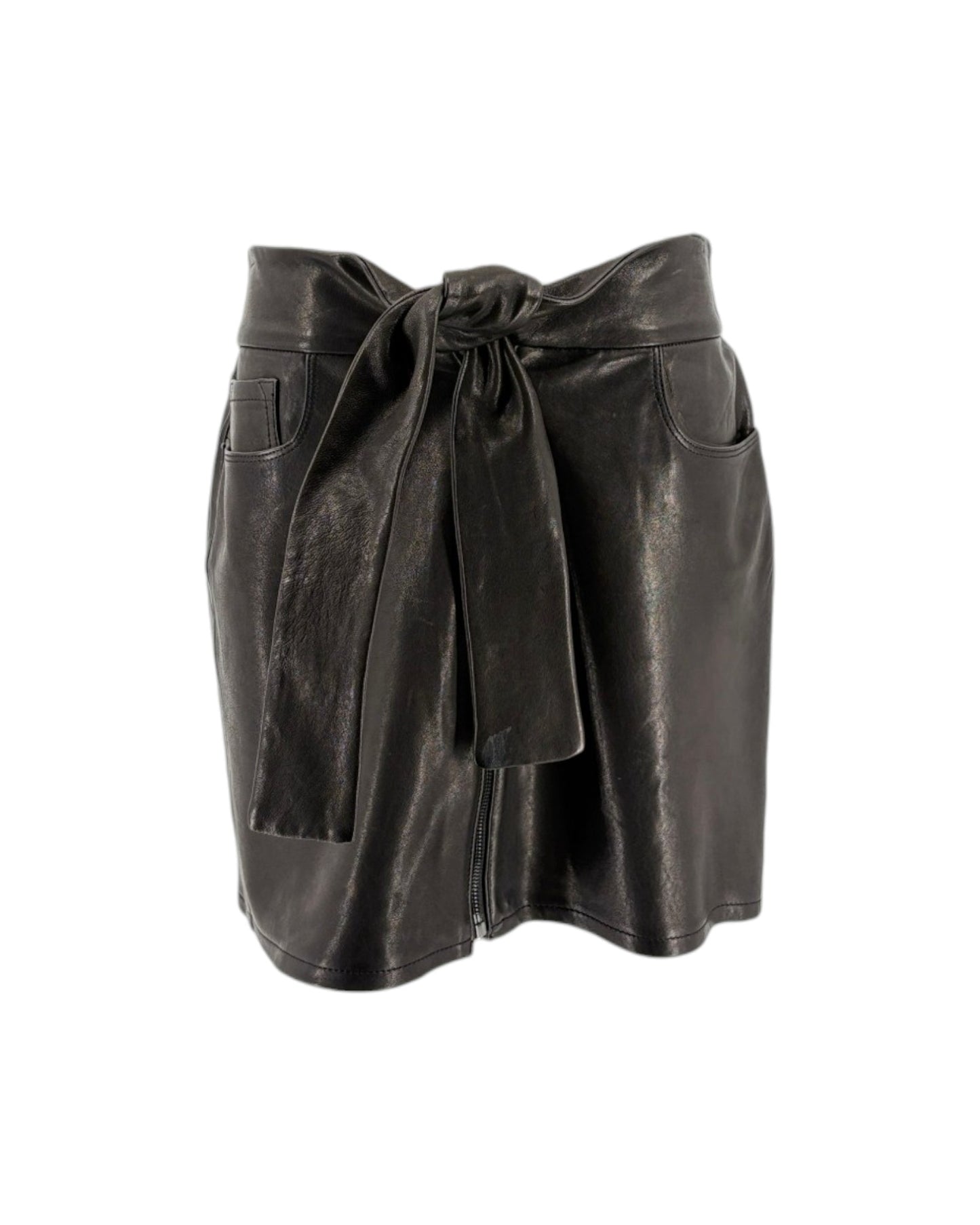 Black leather skirt with a tie waist on a white background