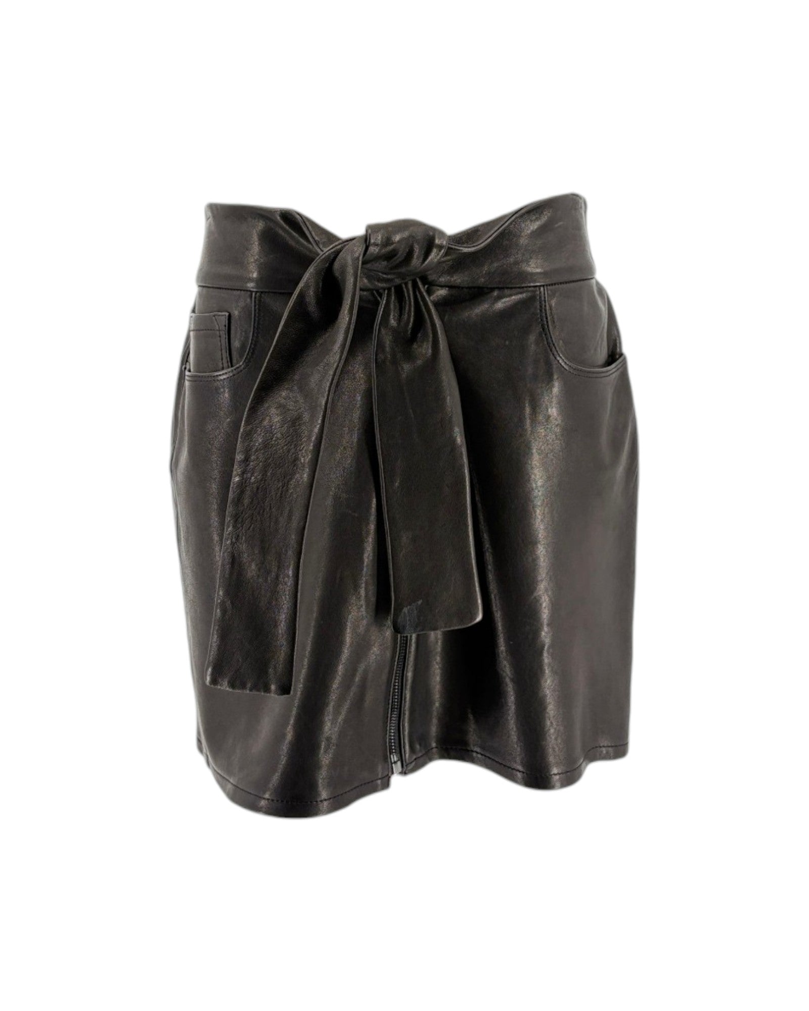 Black leather skirt with a tie waist on a white background