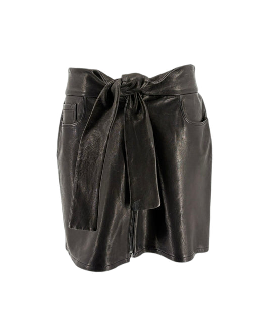 Black leather skirt with a tie waist on a white background