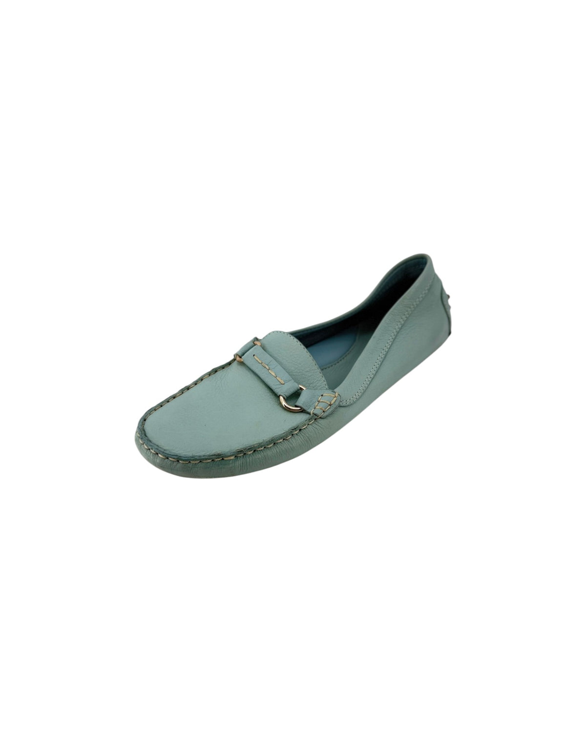 A light blue-green leather penny loafer with gold-tone hardware, shown from a top-down view on a white background.