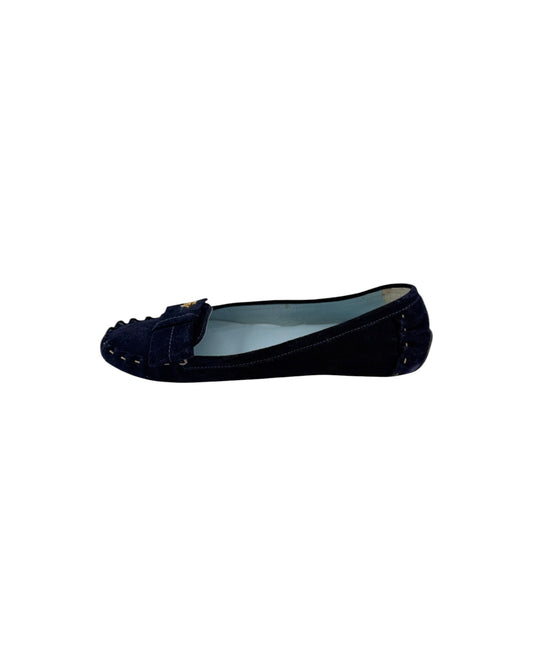 Navy blue suede loafer with a gold FV detail