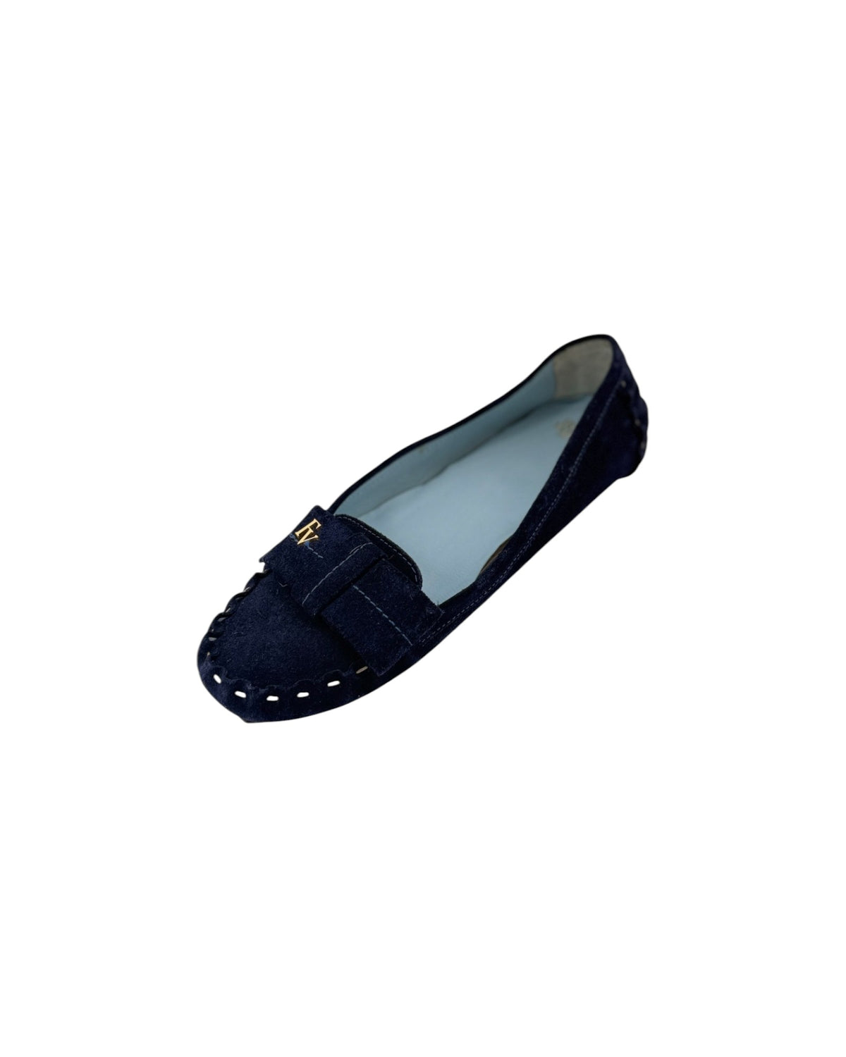Navy blue suede loafer with a gold FV detail