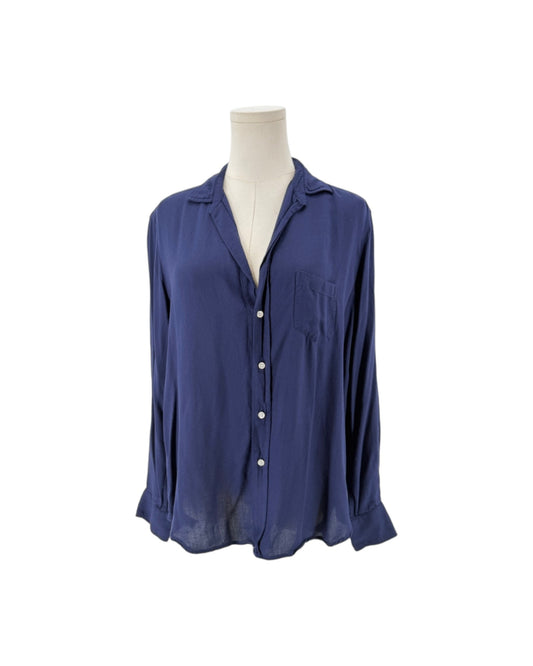 Navy Front button closure, long sleeves with button cuffs, collard v-neck, chest pocket on a mannequin on a white background