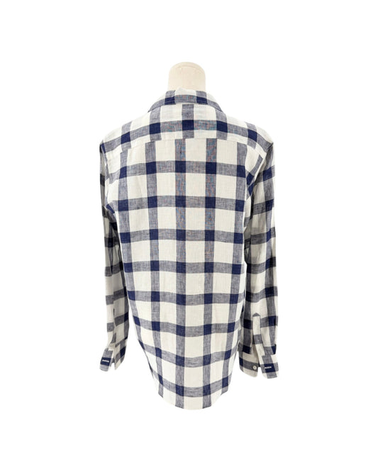 Blue and white button up, relaxed fit, chest pocket, flattering button placement with long sleeves, and button cuffs on a mannequin on a white background