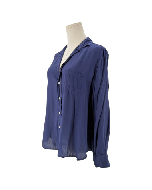 Navy Front button closure, long sleeves with button cuffs, collard v-neck, chest pocket on a mannequin on a white background