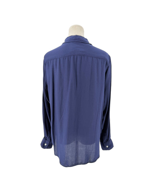 Navy Front button closure, long sleeves with button cuffs, collard v-neck, chest pocket on a mannequin on a white background