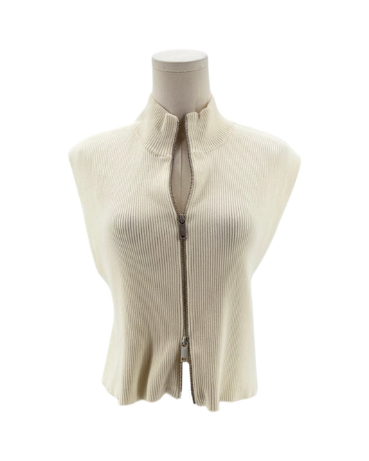 Beige ribbed knit vest on a mannequin against a white background
