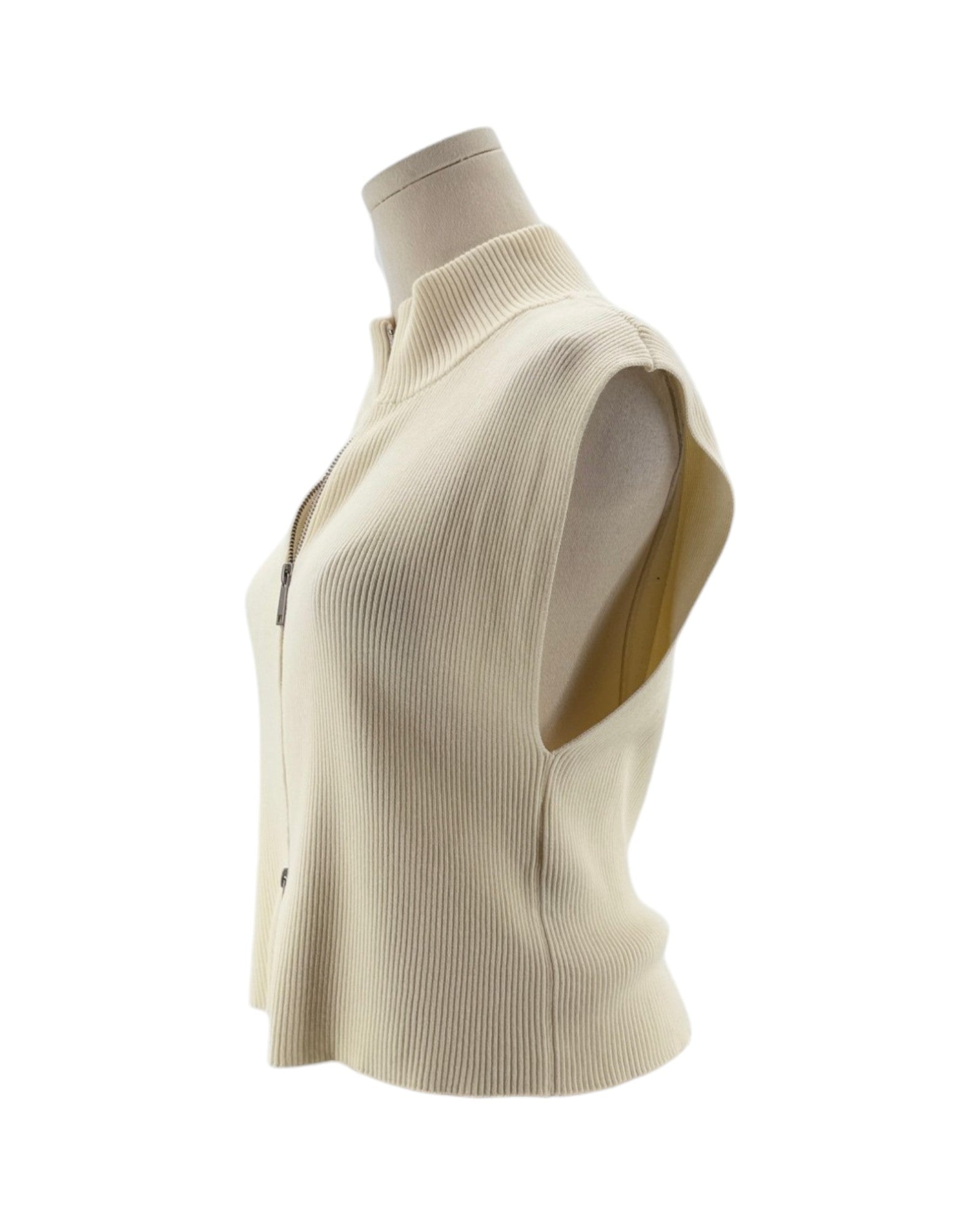 Beige sleeveless knit vest on a mannequin against a white background