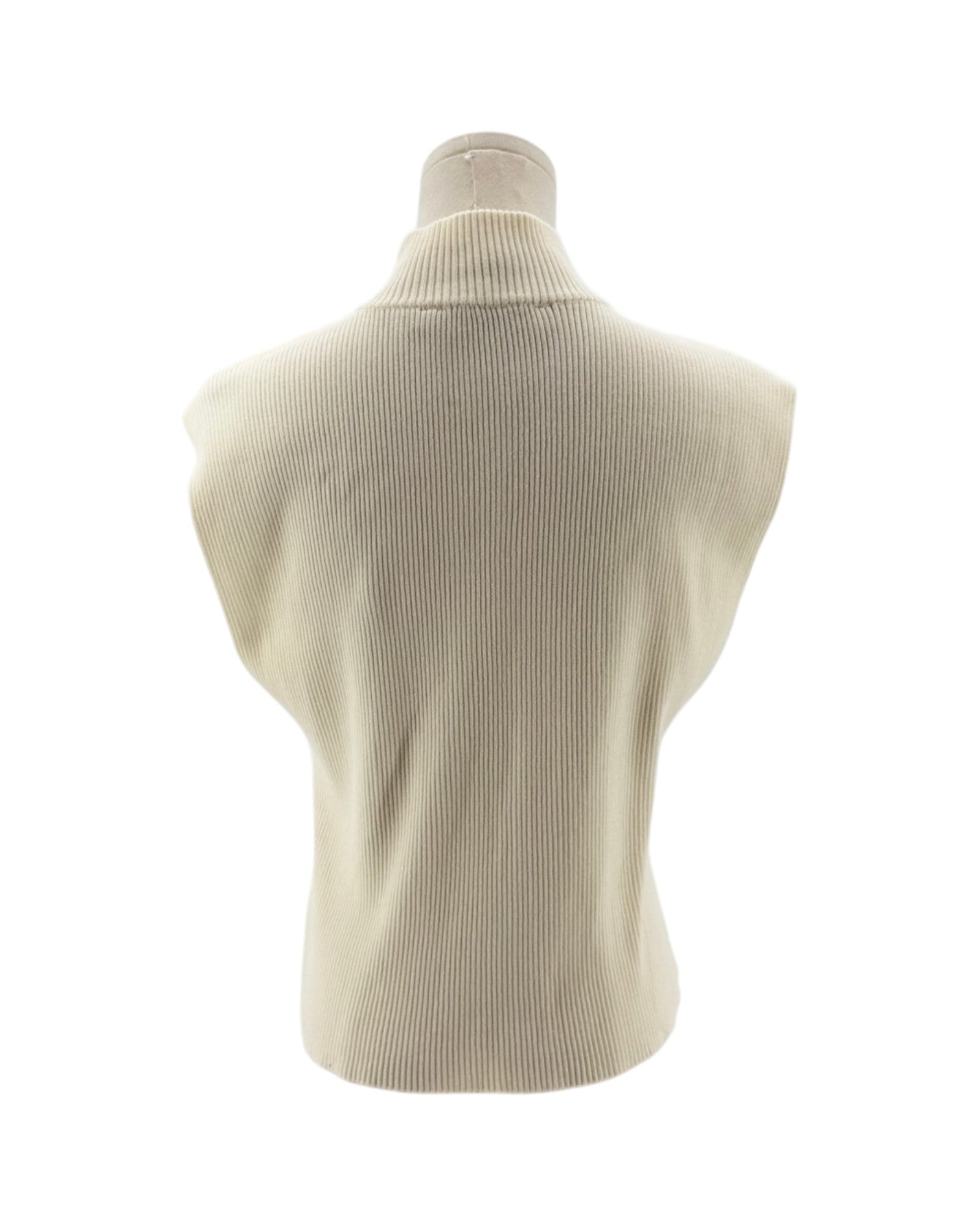 Beige ribbed knit vest on a mannequin against a white background