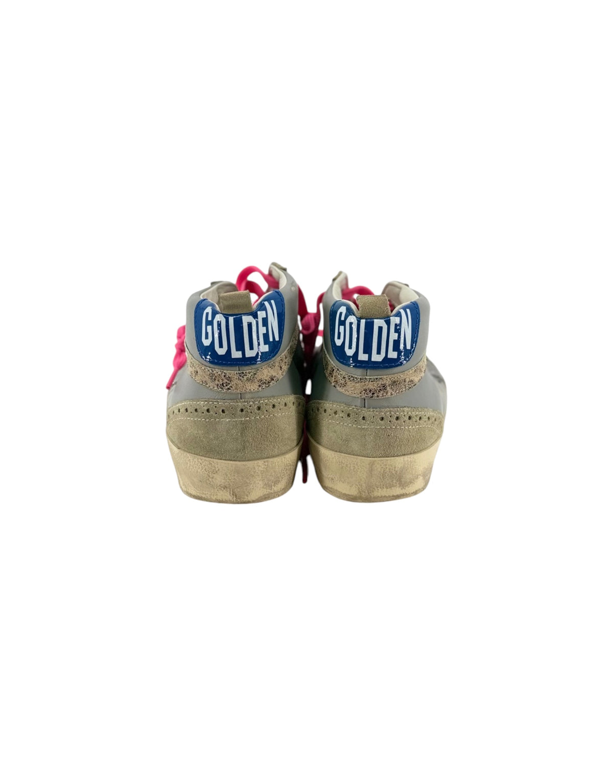 Grey suede mid rose sneakers with silver glitter star logo, neon pink laces, weathered midsole, blue and white golden goose heel logo on a white background