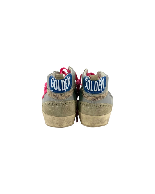 Grey suede mid rose sneakers with silver glitter star logo, neon pink laces, weathered midsole, blue and white golden goose heel logo on a white background