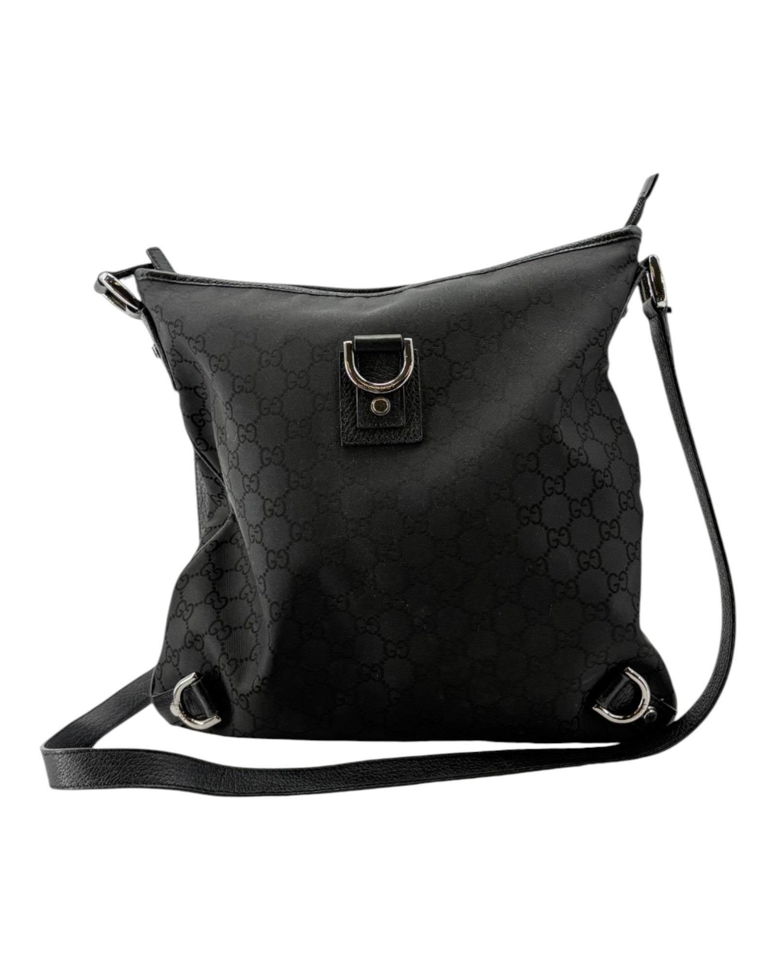 Black leather handbag with a brand logo on a white background