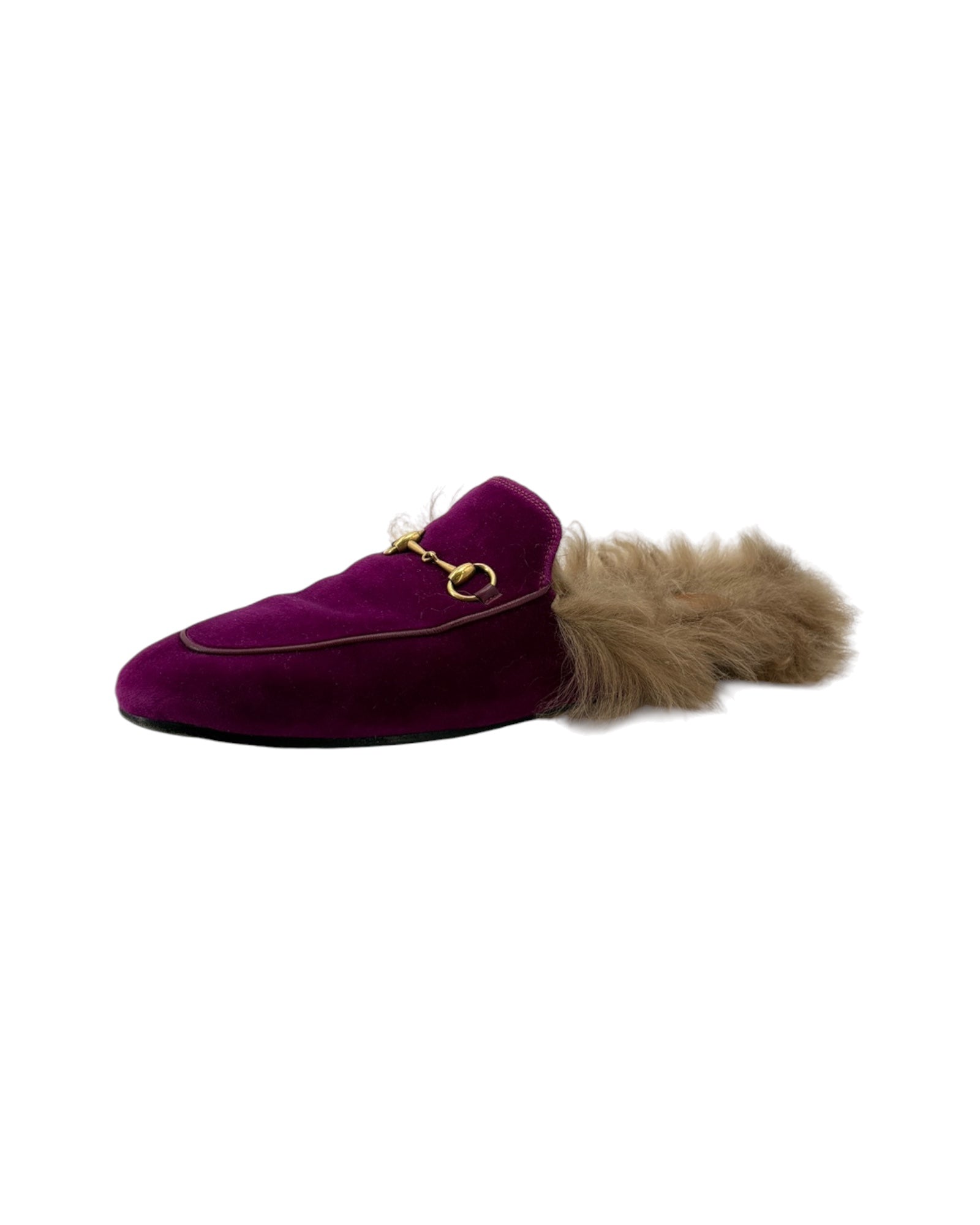 Purple slipper loafer with fur on a white background