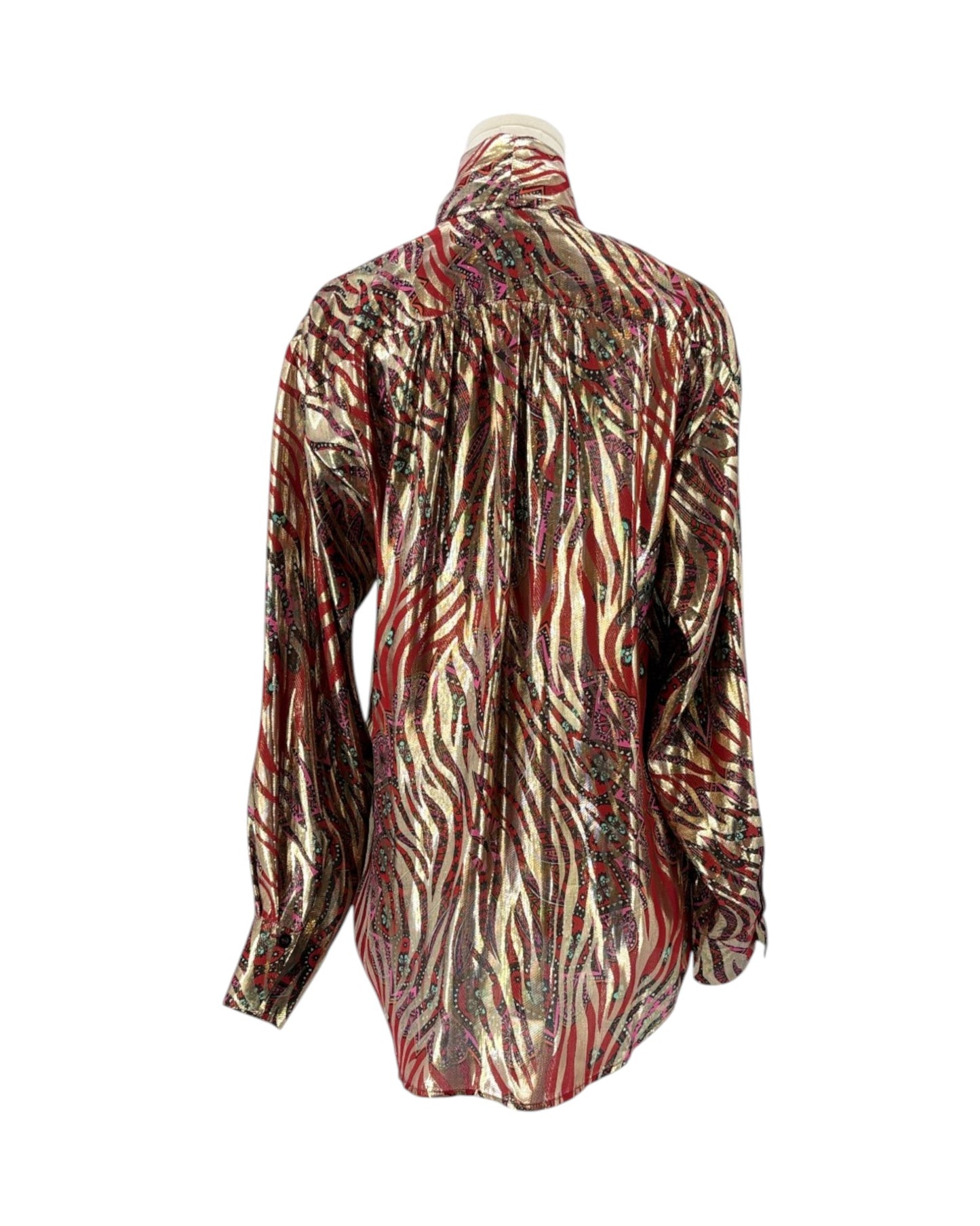 A long-sleeve button-up shirt with a metallic zebra-stripe pattern in red, gold, and brown, displayed on a mannequin torso against a white background.