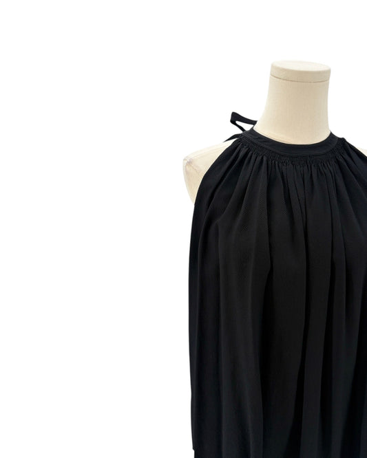 Helmut Lang black sleeveless top on a mannequin against a white background