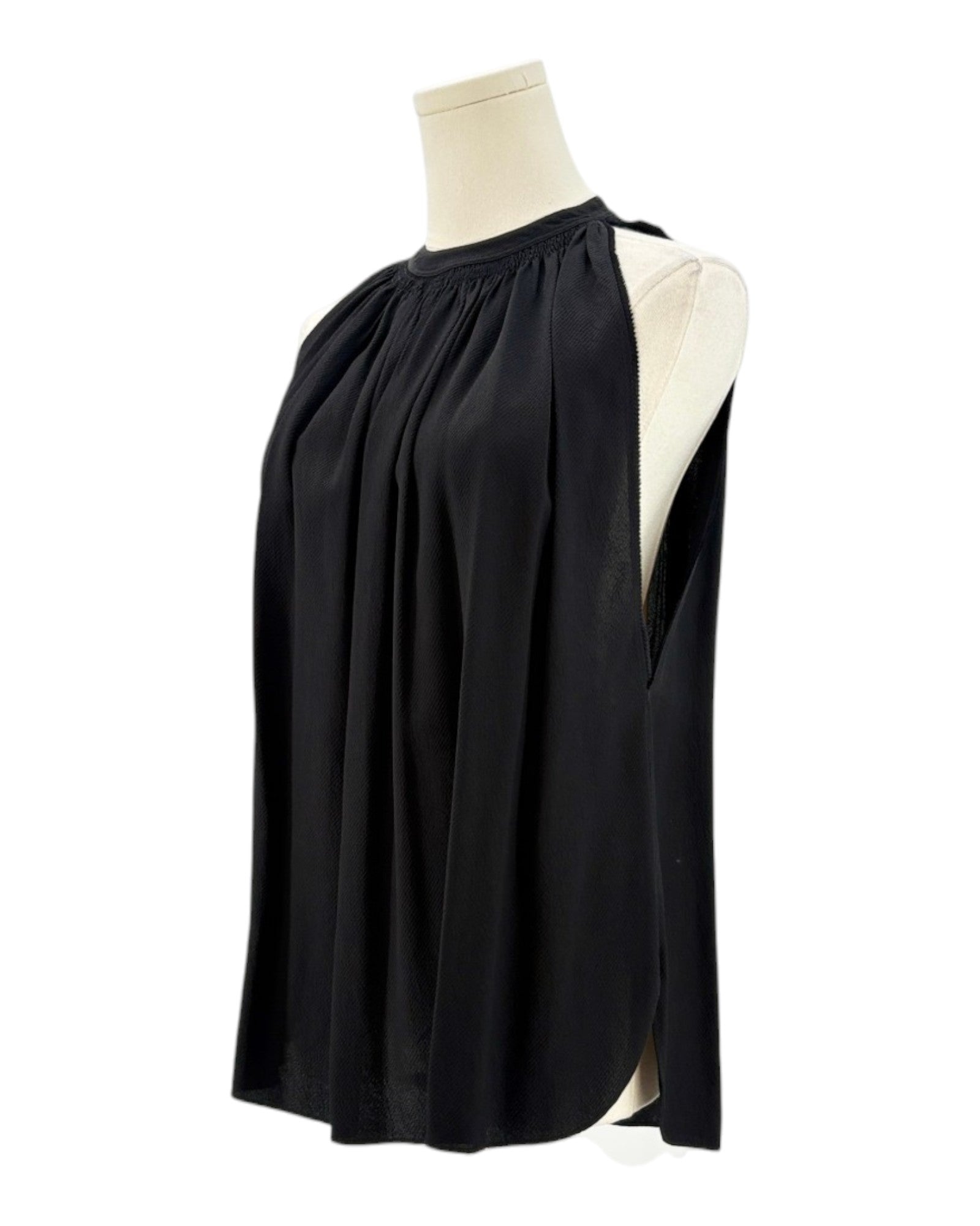 Helmut Lang black sleeveless top on a mannequin against a white background