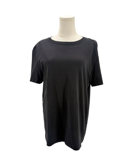 Black t-shirt on a mannequin against a white background