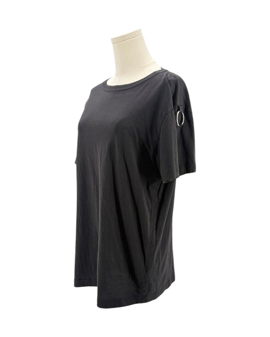 Black t-shirt on a mannequin against a white background