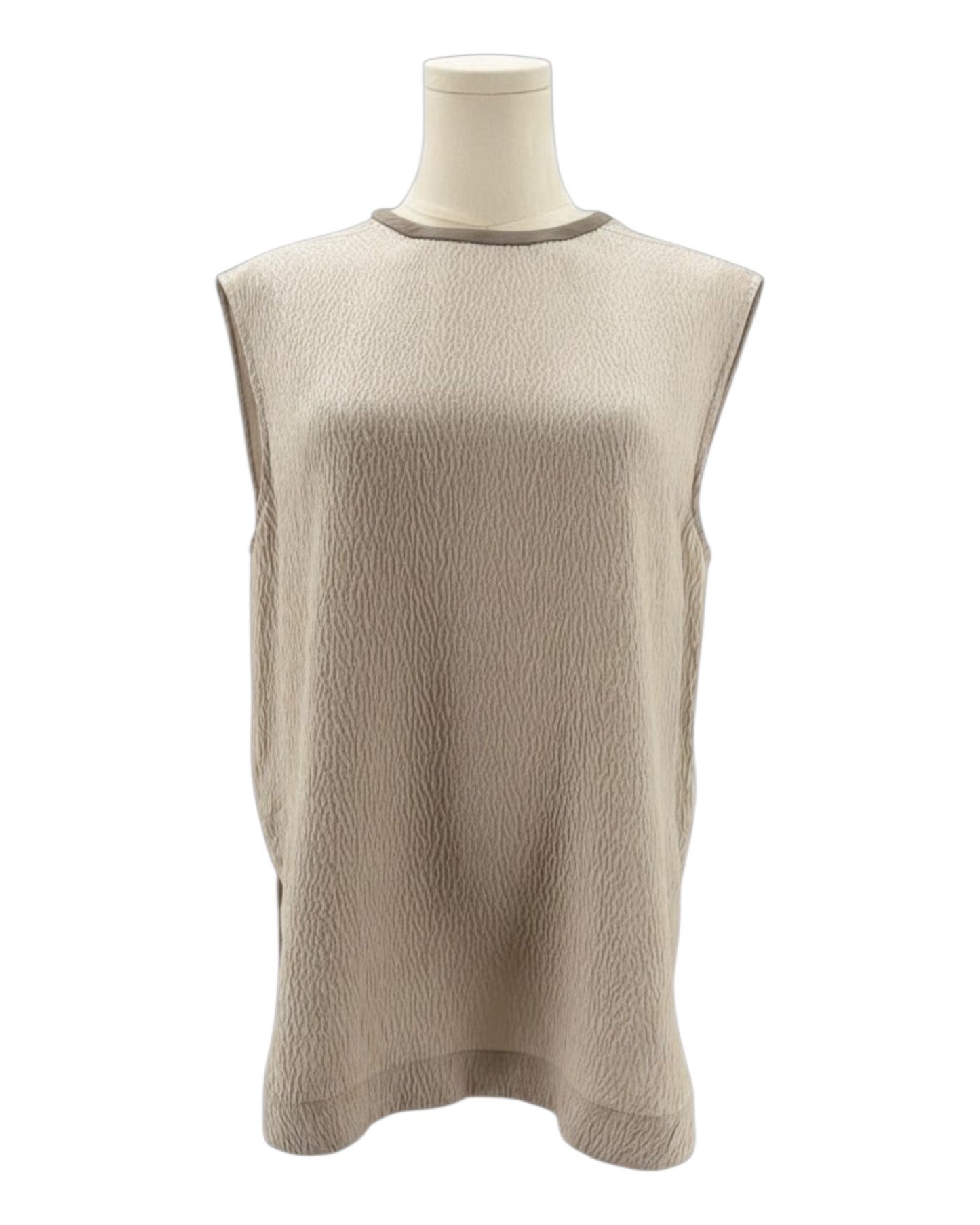Helmut Lang beige sleeveless top on a mannequin with a white background